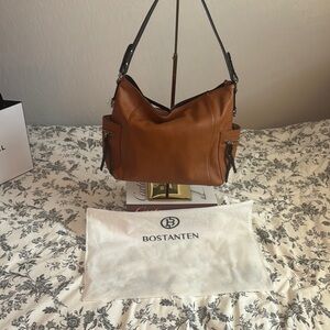 BOSTANTEN Brown Leather Hobo Shoulder Bag With Crossbody Strap.